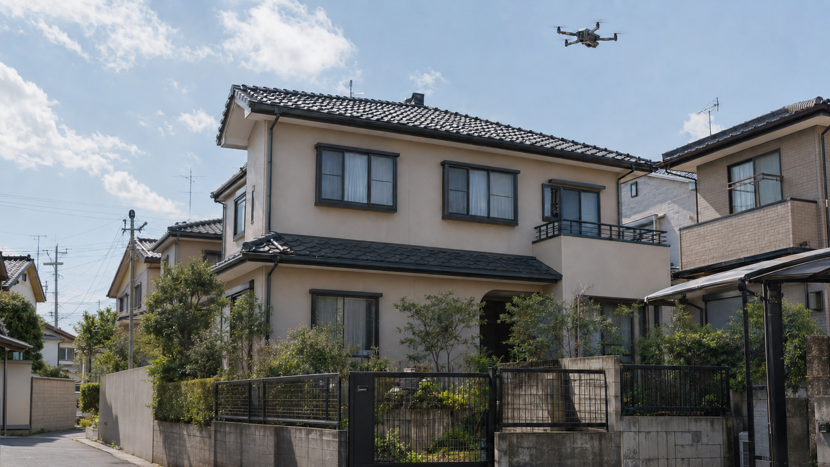 住宅の屋根上空にドローンが飛ぶ調査イメージ